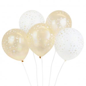 5 Latexballons weiss/gold Konfettidesign